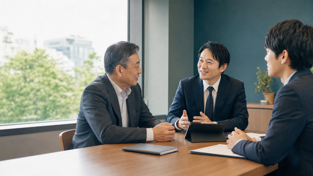 宇都宮の会社売却について、経営者とM&Aアドバイザーが相談している様子